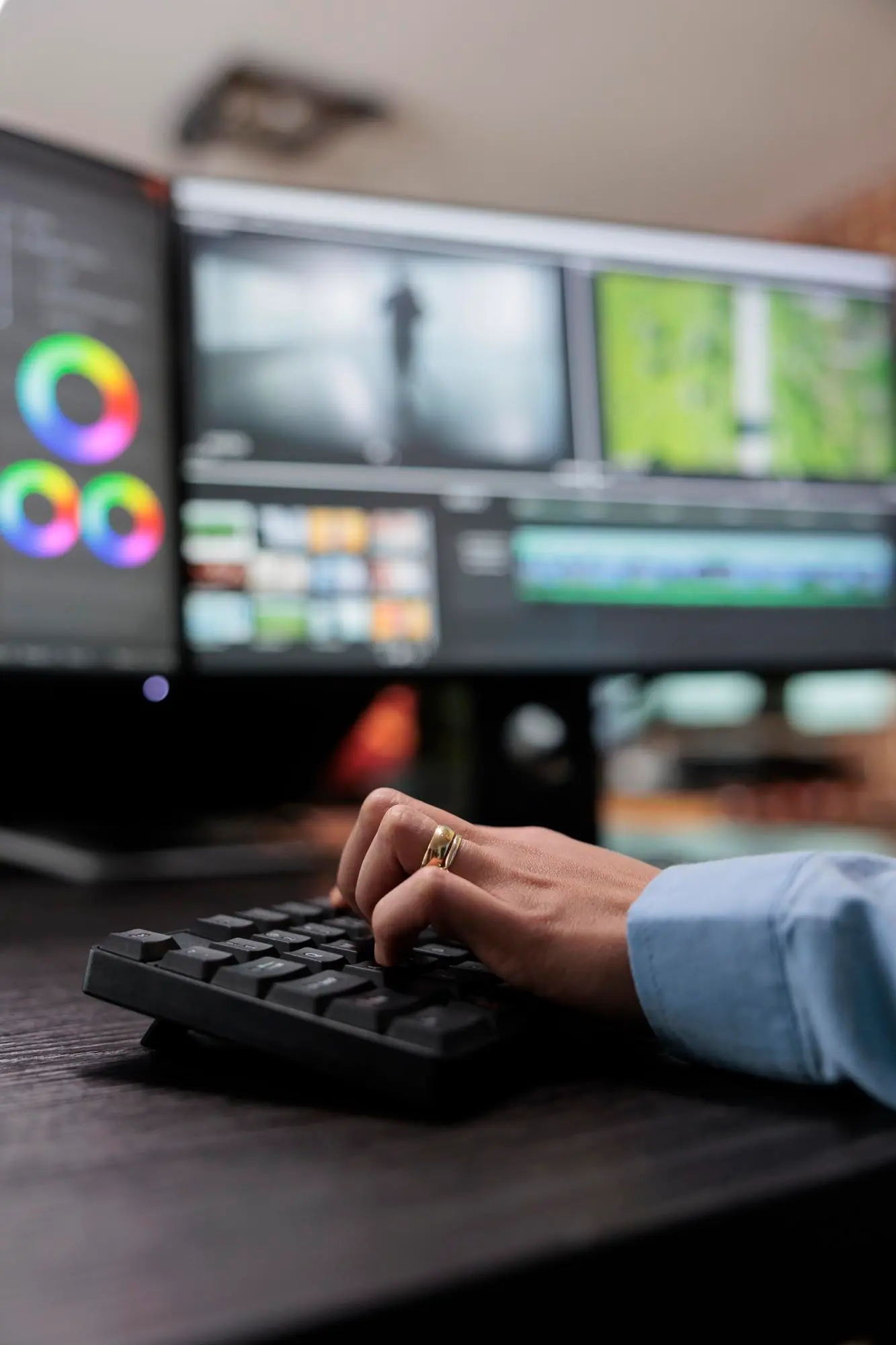 close-up-shot-video-graphic-editor-using-specialized-software-edit-movie-footage-improve-visual-quality-professional-videographer-sitting-multi-monitor-workstation-enhancing-film-frames UI And UX Design Course
